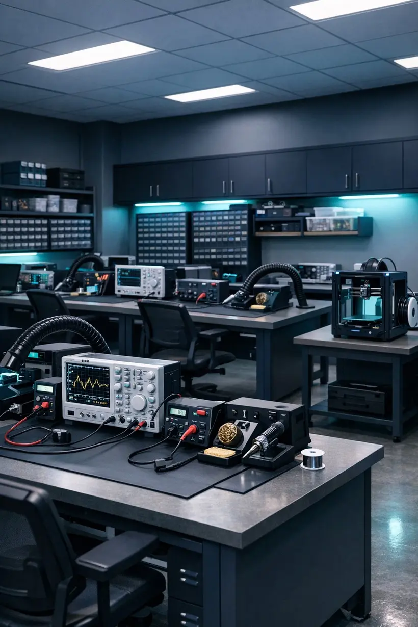 Phòng lab SemIC Lab với trạm hàn, máy hiện sóng và máy in 3D