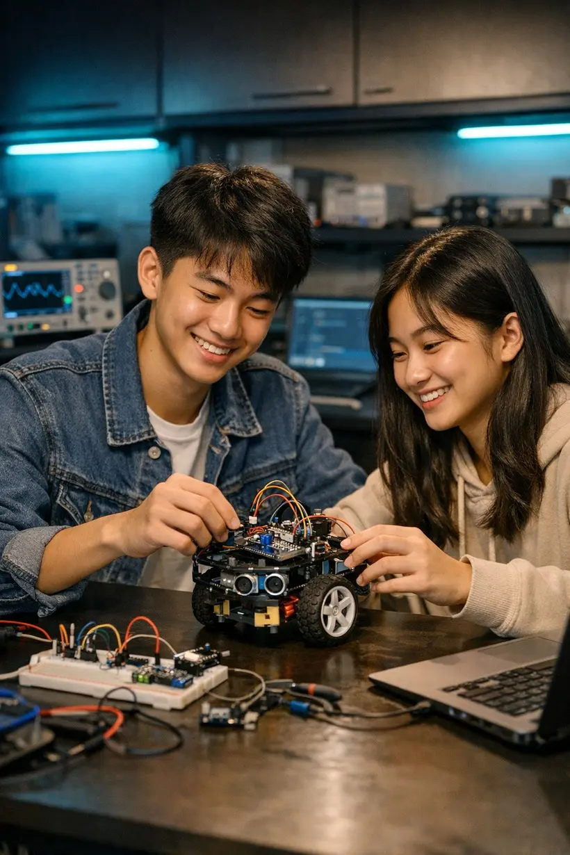Học sinh đang lắp ráp robot với vi điều khiển tại phòng lab SemIC Lab